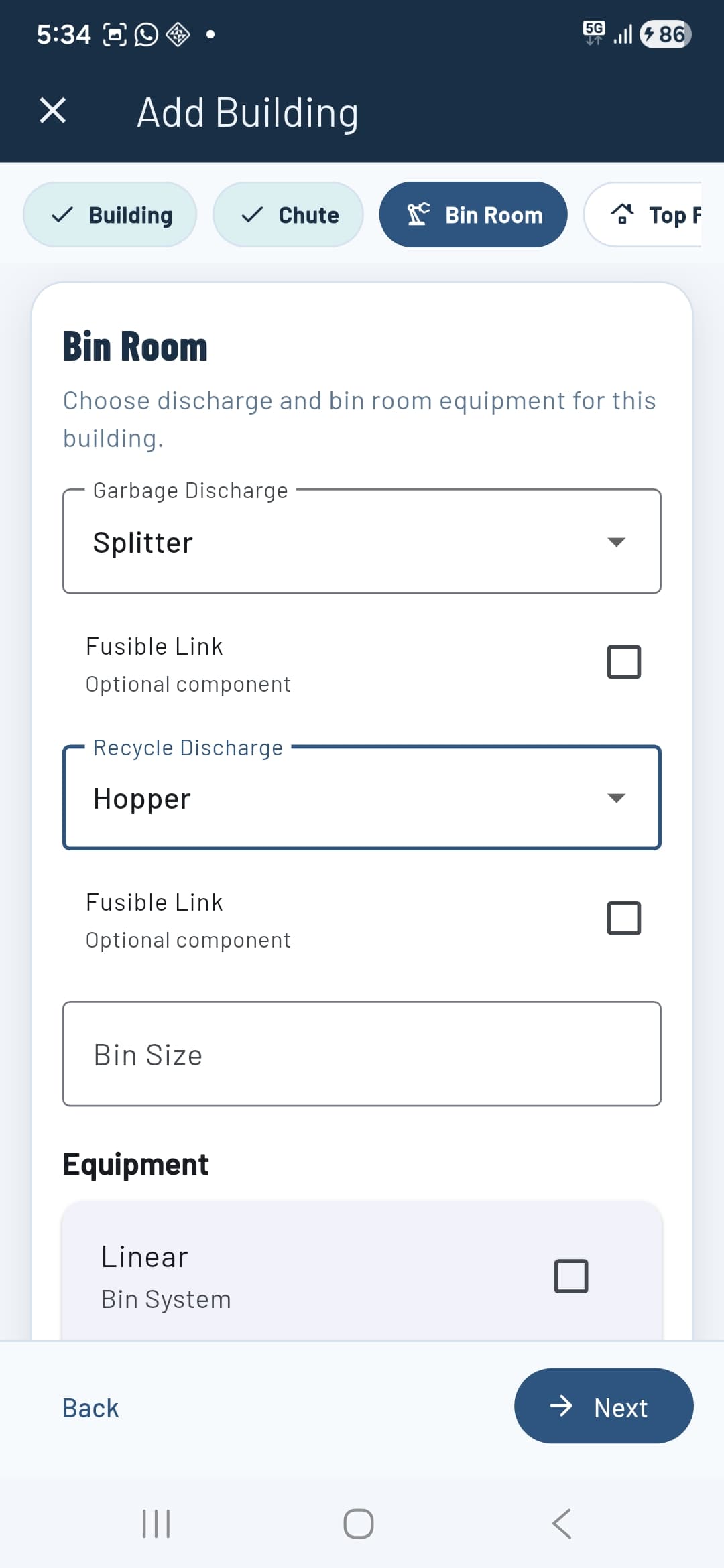 Bin room setup tab