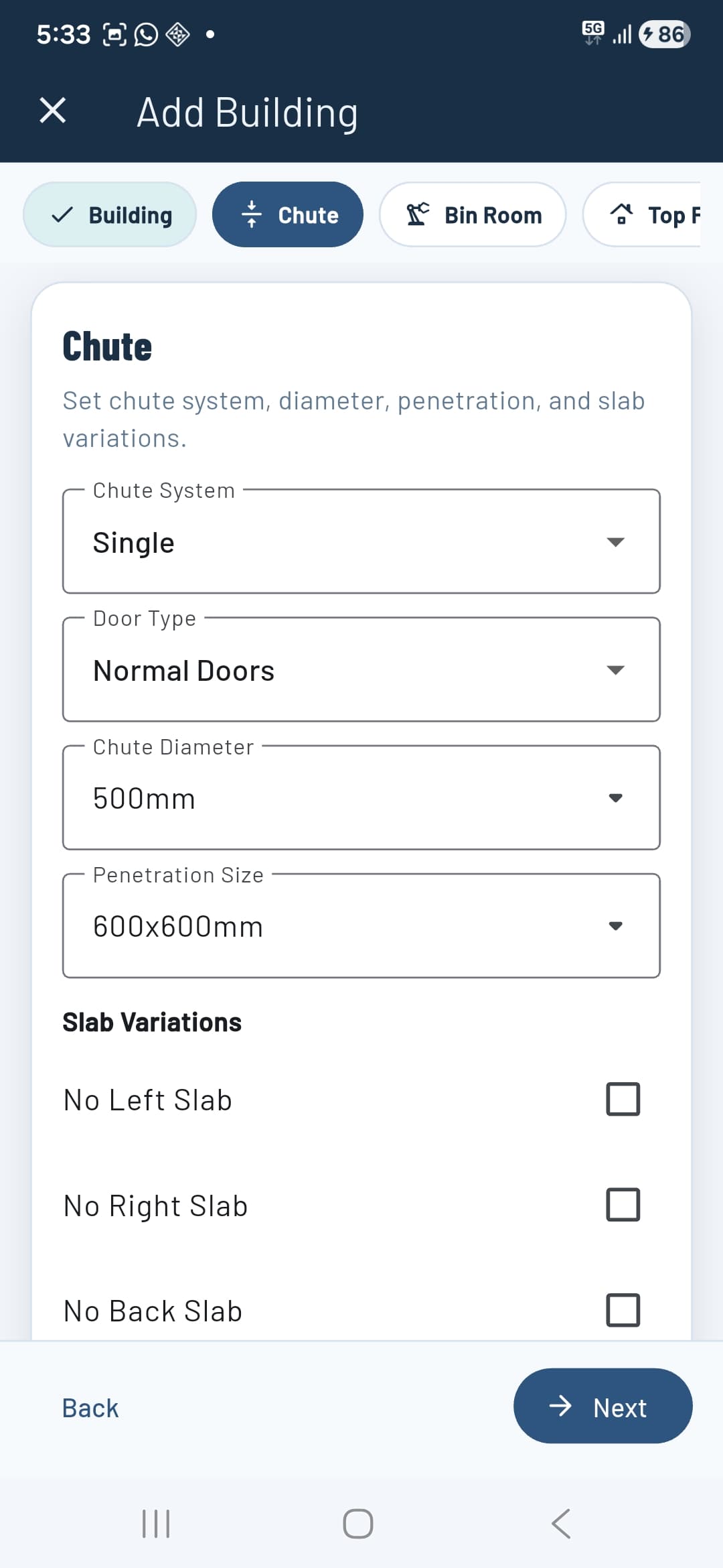 Chute tab — single system