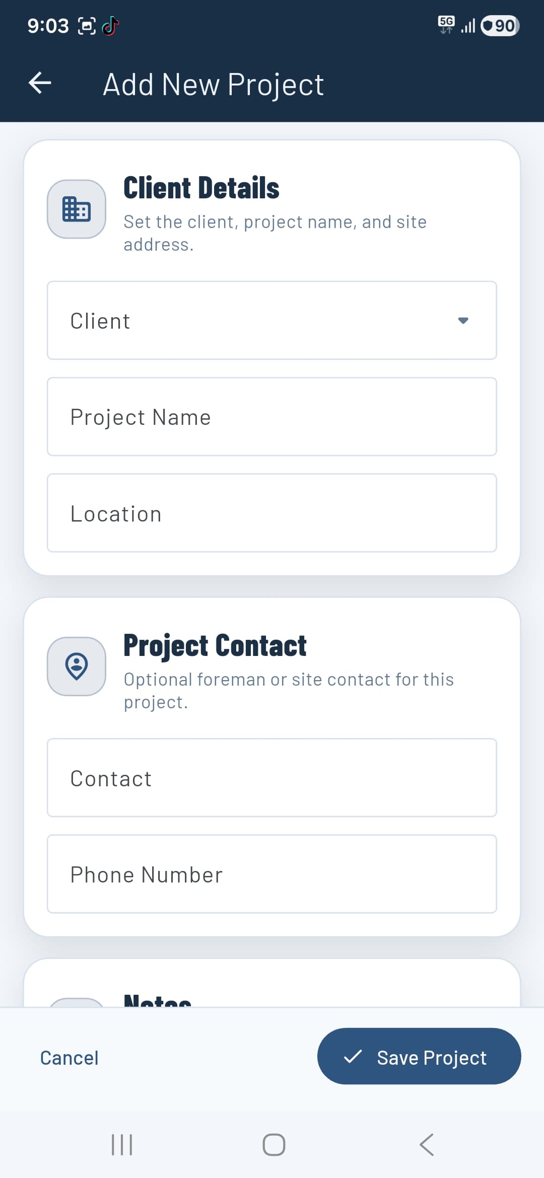 Add New Project form