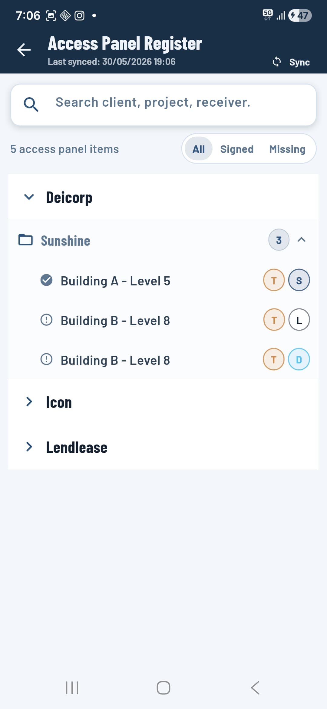 Access panel register list