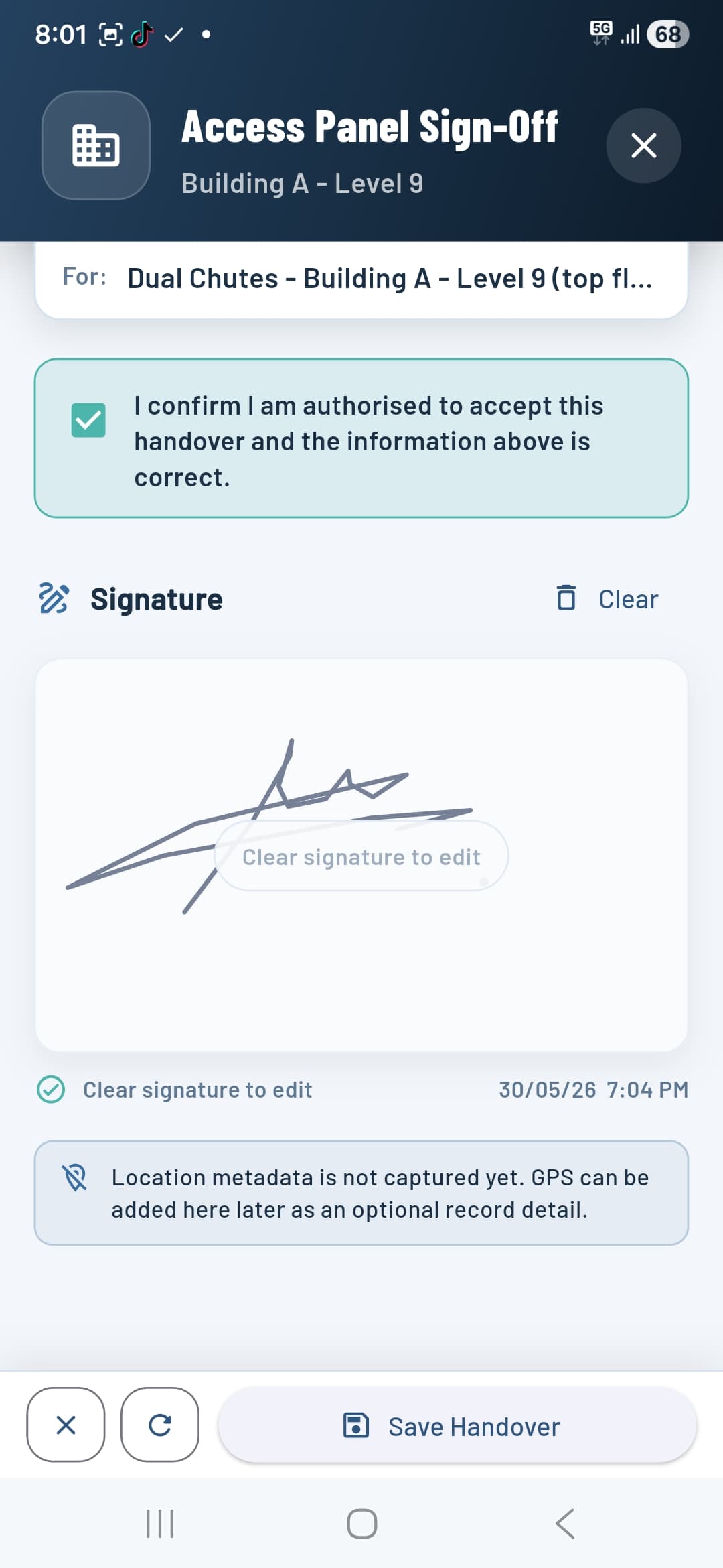 Access panel signature canvas